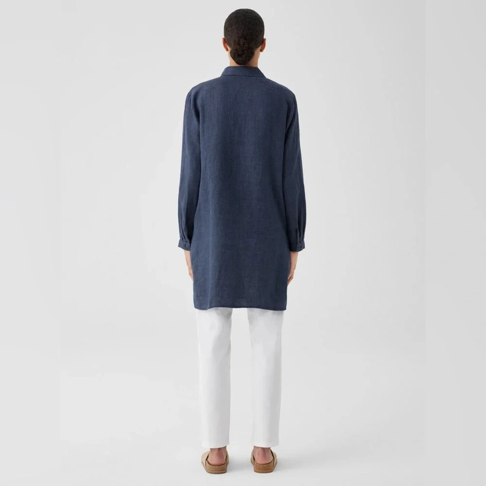 Eileen Fisher Washed Organic Linen Délavé Dusk Blue Button Down Long Shirt XXS